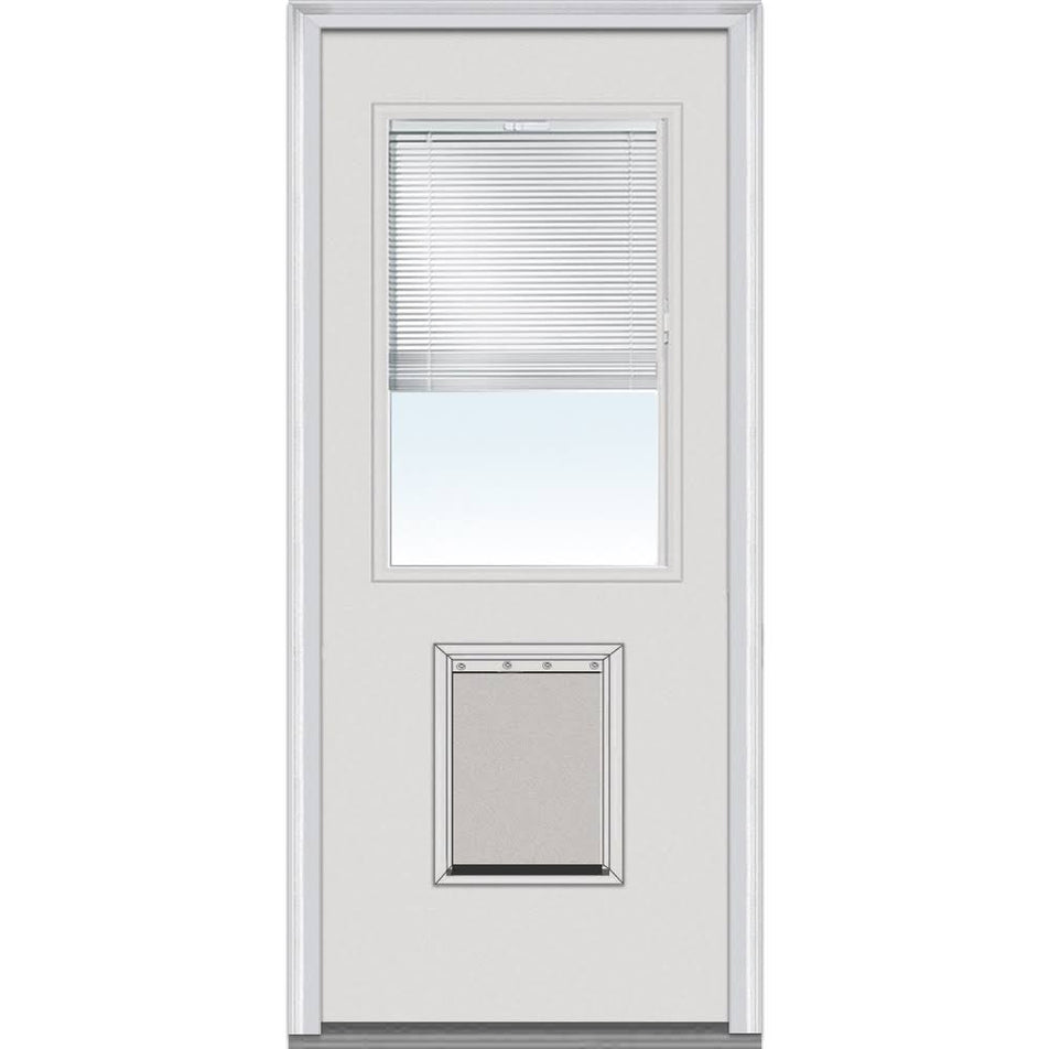 National Door Company Steel Exterior Door, Primed, 1/2 Lite with Clear Glass Internal Blinds & Pet Door, Right Hand Inswing, 32x80