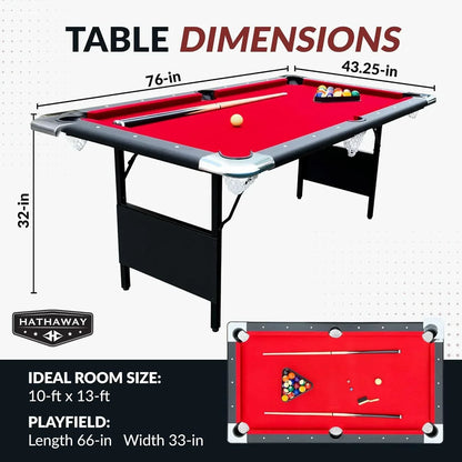 6 Ft Portable Pool Table, Adults Folding Billiards Tables for Game Room with Easy Foldable Storage, Includes Full Set of Billiard Balls, Cues, Chalk & Brush