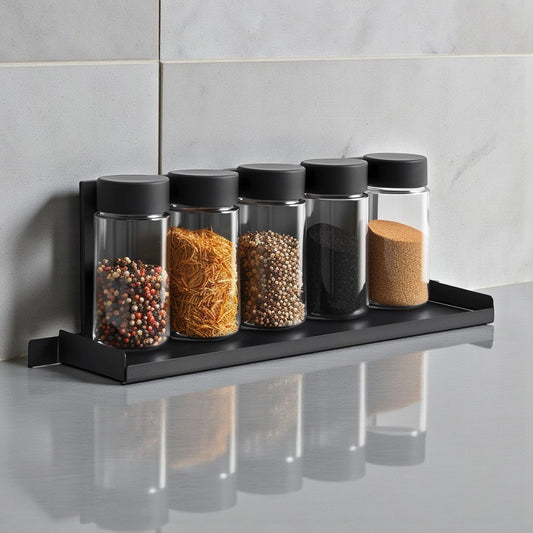 Vozlix Floating Wall-Mounted Kitchen Spice Rack - Punch-Free Matte Black Organizer