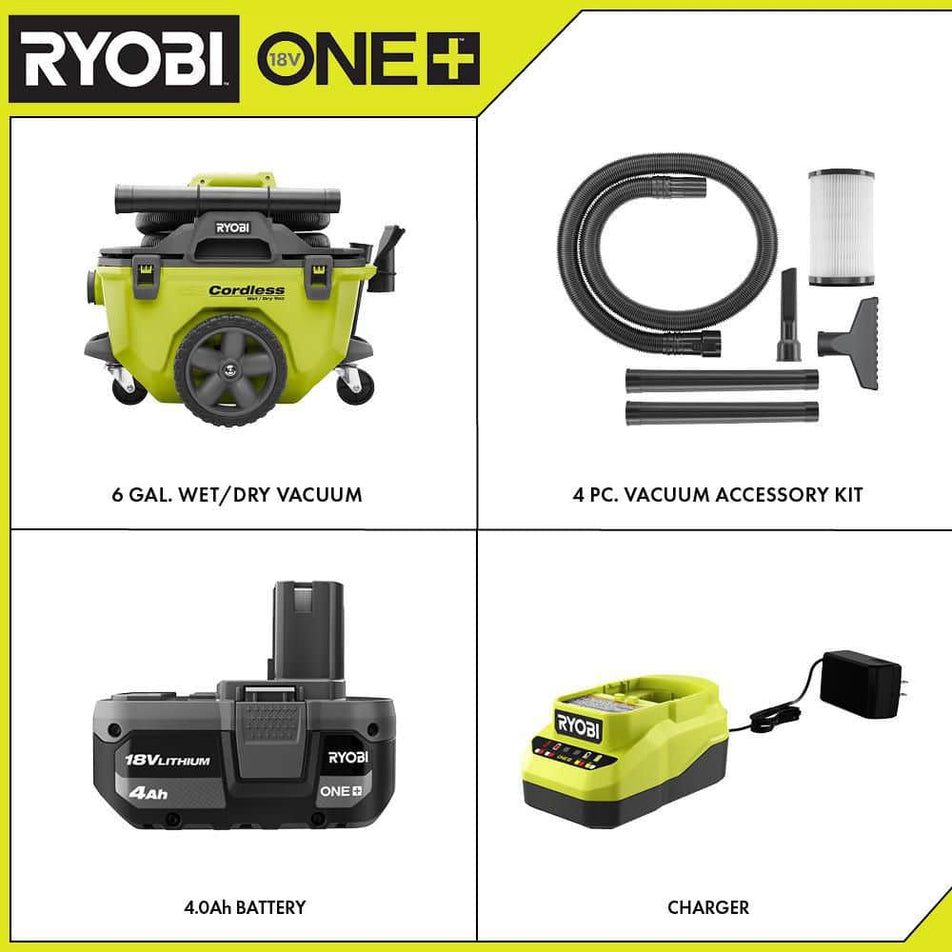 ONE+ 18V Cordless 6 Gal. Wet/Dry Vacuum Kit with 4.0 Ah Battery, Charger and Vacuum Accessories P770KN