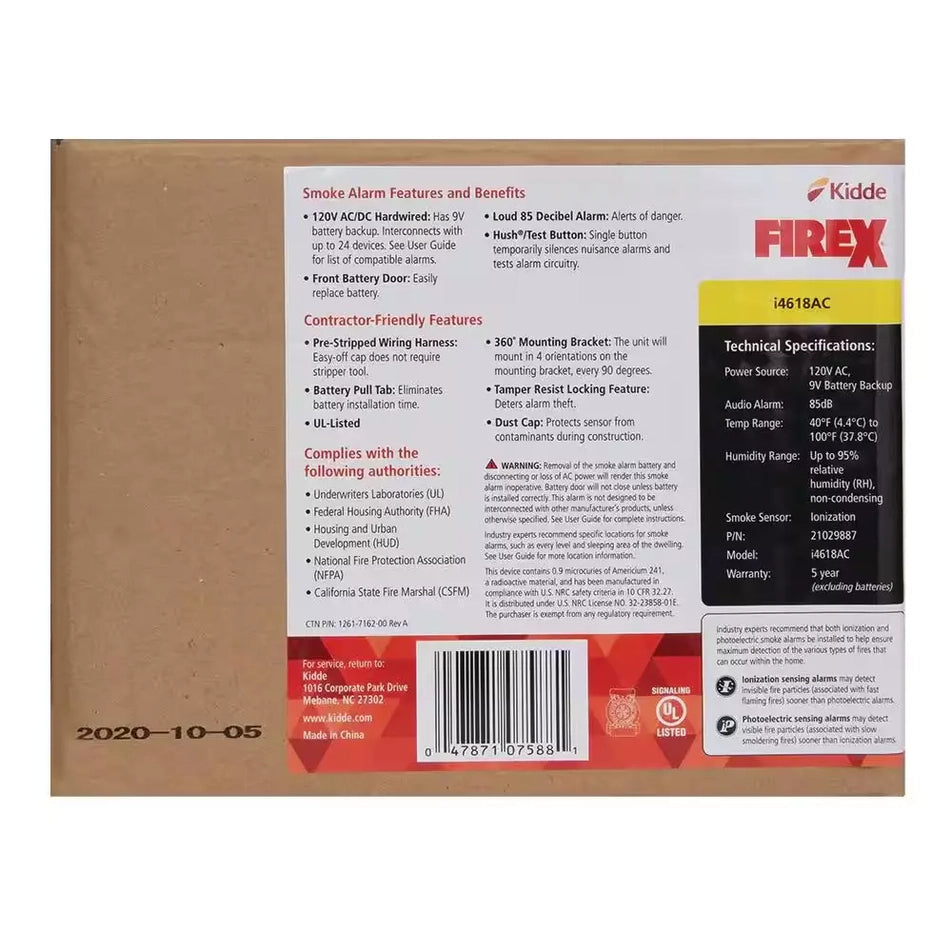 Pack Hardwired Smoke Alarm with Ionization Sensor, 120V AC, 9V Battery Backup