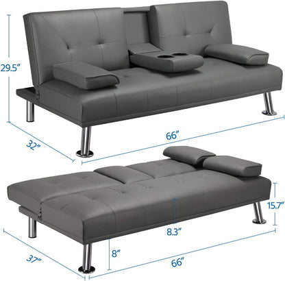 Yaheetech Convertible Sofa Bed Adjustable Couch Sleeper Modern Faux Leather Home Recliner Reversible Loveseat Folding Daybed Guest Bed, Removable Armrests, Cup Holders, 3 Angles, 772lb Capacity, Black