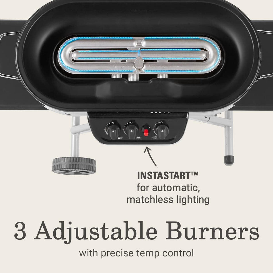 RoadTrip Portable Stand-Up Propane Grill with 3 Adjustable Burners & Instastart Ignition, 20,000 BTUs of Power for Outdoor Cooking