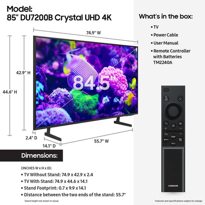 Samsung 85 DU7200B Crystal UHD 4K Smart TV with HDR, Motion Xcelerator, and Object Tracking Sound Lite