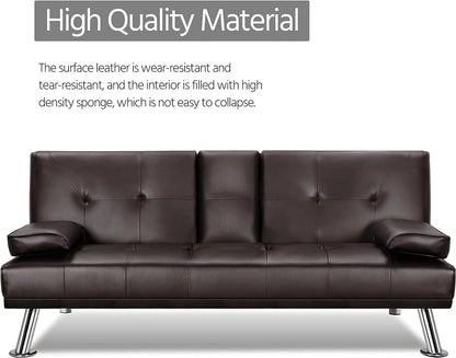Yaheetech Convertible Sofa Bed Adjustable Couch Sleeper Modern Faux Leather Home Recliner Reversible Loveseat Folding Daybed Guest Bed, Removable Armrests, Cup Holders, 3 Angles, 772lb Capacity, Black