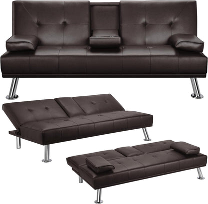 Yaheetech Convertible Sofa Bed Adjustable Couch Sleeper Modern Faux Leather Home Recliner Reversible Loveseat Folding Daybed Guest Bed, Removable Armrests, Cup Holders, 3 Angles, 772lb Capacity, Black